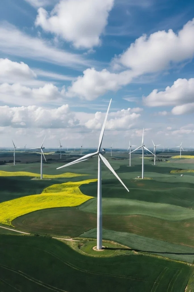 Wind turbines in green landscape
